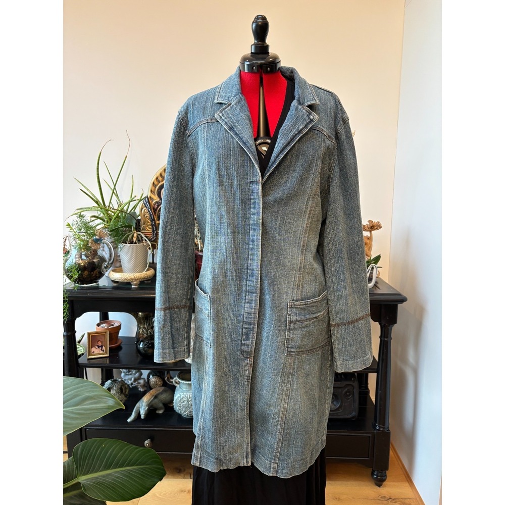 Y2K Kenzie denim trench‎ long jean coat womens' size 12 collar back vent pockets
